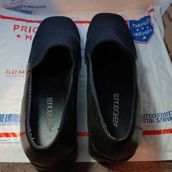 AeroSoles Women’s Black Leather/fabric Slide On Wedge Square Toe Shoes - Picture 6 of 10